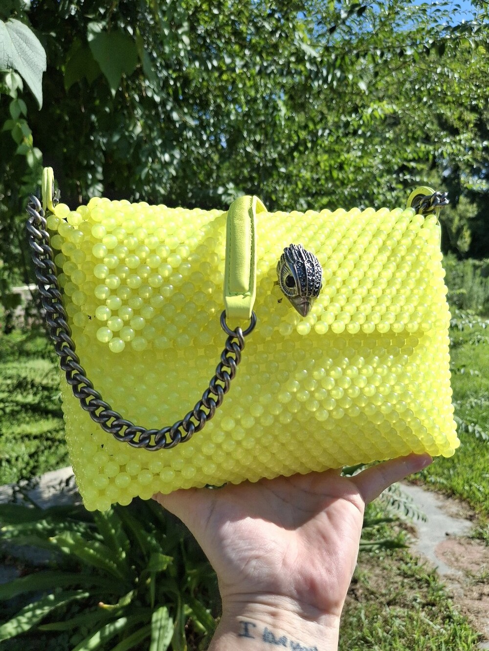 Kurt Geiger London Neon Yellow Beaded Kensington Shoulder Bag - Picture 12 of 13